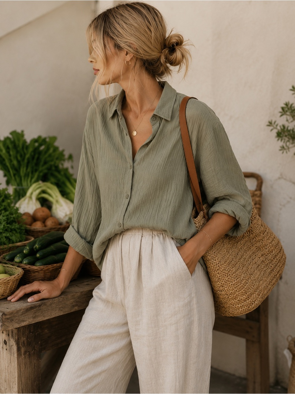 Organic Cotton Gauze Button-Up Shirt • Sage • Medium